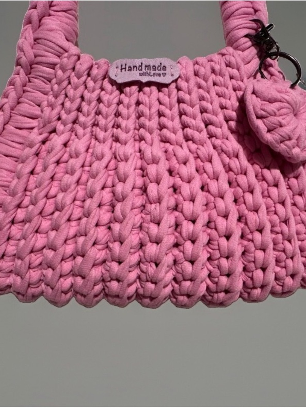 Handmade Pink Crochet Shoulder Bag with Heart Charm - Picture 3 of 5